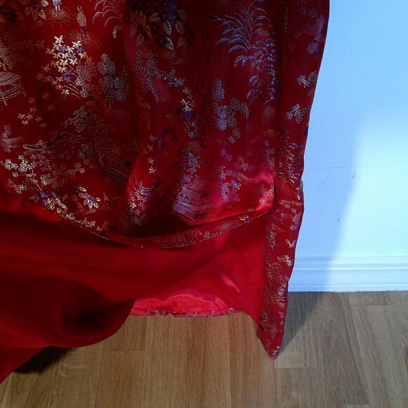 PEONY Brand Red Japanese Garden Print Long Kimono Duster 40 Large Silky Dramatic - Picture 6 of 6